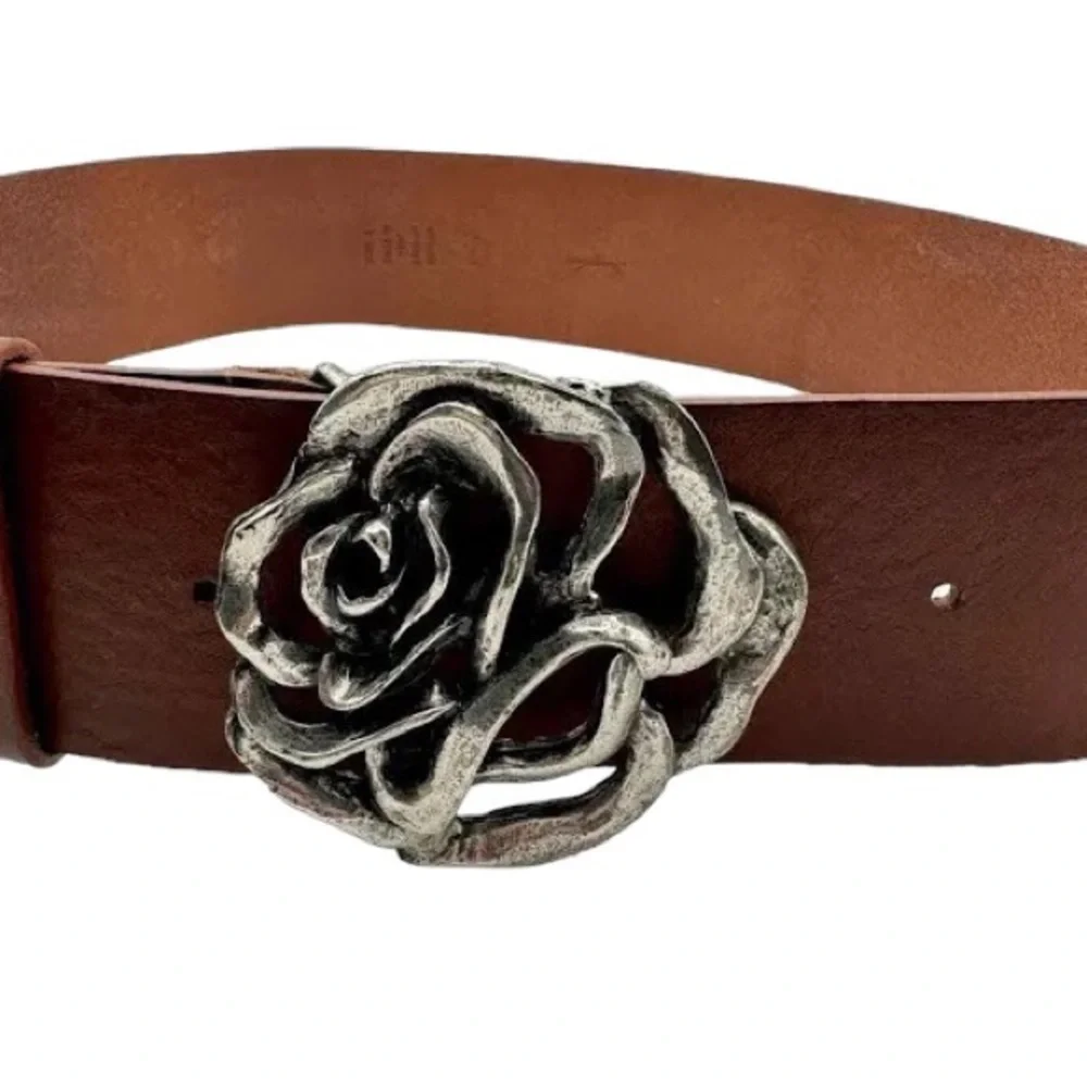 Garuglieri Genuine Leather Belt Rose Metal Buckle Brown Tan SzXL